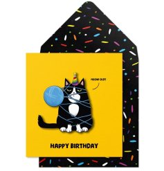 A humorous cat themed birthday card with a witty slogan and 3D image.
