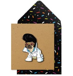 A humorous and unique Elvis Pug greetings card with 3D image. 