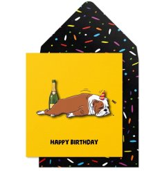 A colourful Happy Birthday greetings card with a 3D Boozy Bulldog illustration.