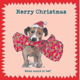 An adorable hand painted Christmas illustration featuring a gift wrapped bone and festive dog.