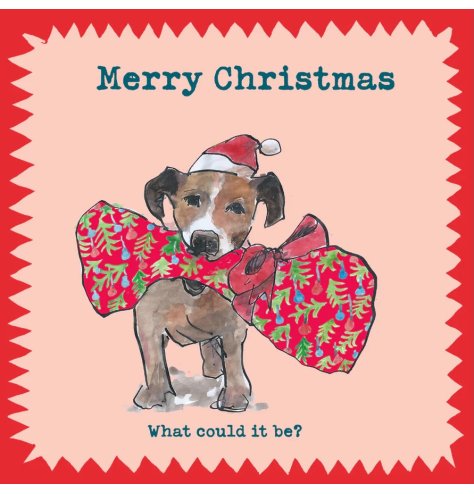 A colourful and cute hand painted illustration of a Christmas dog with wrapped bone. 