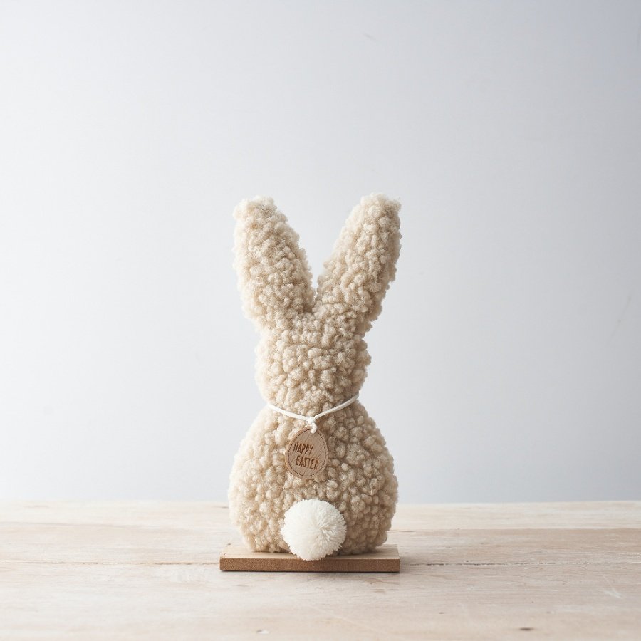 A unique bunny decoration made from trending Sherpa fabric.