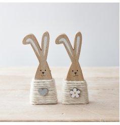 An assortment of 2 charming wooden bunny ornaments. Each is wrapped with wool and complete with a little wooden charm
