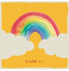 A colourful and symbolic greetings card with a hand painted rainbow design and type print thank you. 