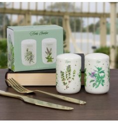 A salt and pepper set with a colourful herb garden design and pretty green speckle.