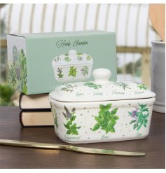 A stylish and practical butter dish decorated with an abundance of beautifully illustrated and labelled herbs.