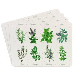 A set of 4 placemats, each with a herb garden design and speckled pattern.