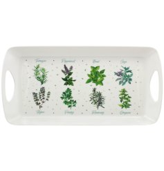 A practical tray with two carry handles and a beautiful herb garden illustration. 