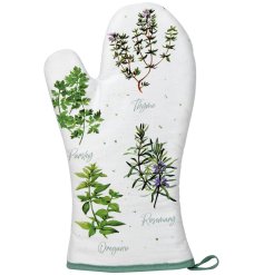 A fine quality single oven glove adorned with beautiful herb illustrations.