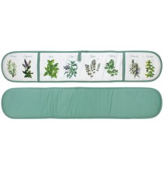 A fine quality double oven glove with a variety of herbs illustrated. 