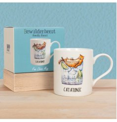 Combine cats and gin and tonic and you'll find it's Catatonic! A witty and humorous mug with a colourful illustration