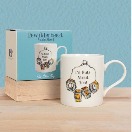 A quality mug with a witty Nuts About You slogan with quirky illustration.