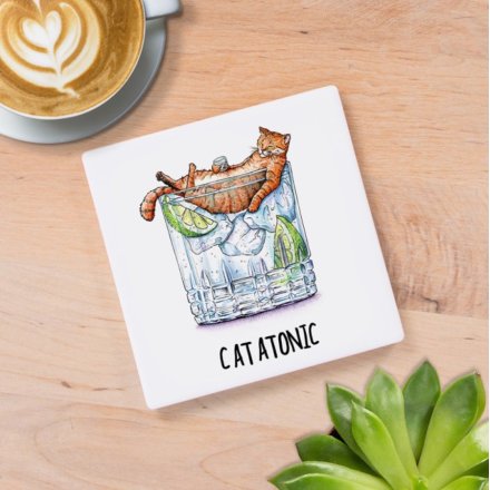 A witty and wonderfully illustrated ceramic coaster combining a love of cats and gin!