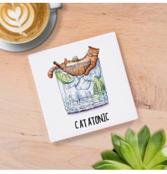 A witty and wonderfully illustrated ceramic coaster combining a love of cats and gin!