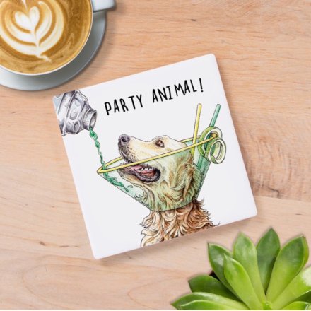 A fine quality ceramic coaster with a witty and humorous dog cocktail illustration.