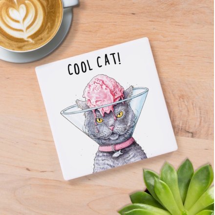 A fine quality ceramic coaster with a witty and humorous cool cat illustration.