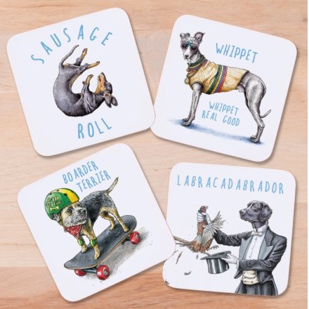 A set of 4 dog themed coasters, each with a witty slogan and illustration. 