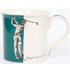 A colour block golf themed mug with a hand drawn illustration.