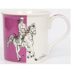 A colourful ceramic mug with a beautiful horse riding illustration and trot on slogan. 