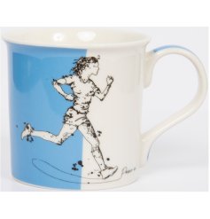 A contemporary colour block mug with a unique hand drawn running illustration and slogan. 