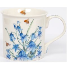 A colourful mug with a beautiful illustration of Bluebells and Bees. 