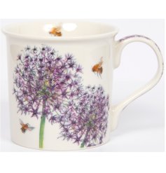 A charming country style mug with a colourful bee and allium design. Illustrated by the talented Sarah Boddy.
