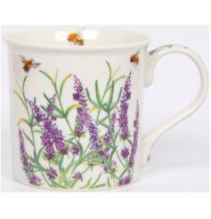 A charming bee and lavender themed mug. A colourful garden scene designed by the talented Sarah Boddy.