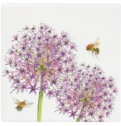 A beautiful Bee and Allium ceramic coaster. A unique gift item drawn by the talented artist Sarah Boddy.