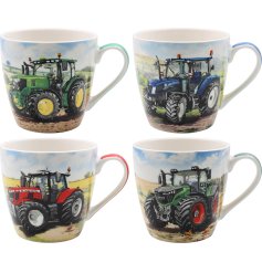 An assortment of 4 tractor design mugs