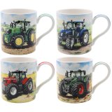 An assortment of 4 fine china mugs each with a detailed and colourful tractor illustration. 