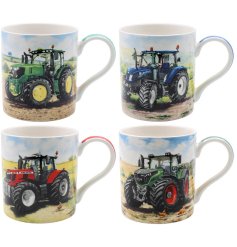 An assortment of 4 fine china mugs each with a detailed and colourful tractor illustration. 