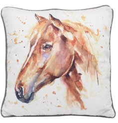 A stylish cushion with a beautiful horse print. 