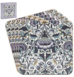 A set of 4 cork backed coasters, each with a colourful print by William Morris.