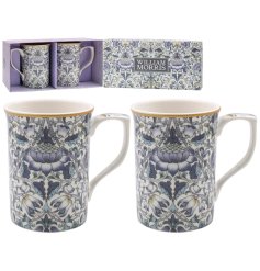 A set of 2 fine china mugs, each with a popular William Morris print. Complete with matching gift box. 