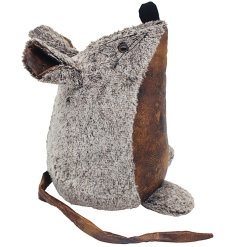 A gorgeous faux leather and fur mouse shaped doorstop with cute face and long tail. 