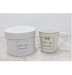 A stunning fine china mug with a lovely sentiment slogan and pretty bow charm. 