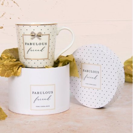 A stunning mug with a cute dotty design, Fabulous Friend slogan and bow charm.