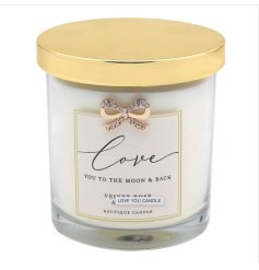 A beautiful rose scented candle set within a glass candle pot. Complete with a lovely Moon & Back slogan. 