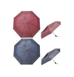 An assortment of 2 polka dot folding umbrellas.