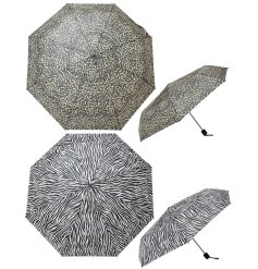 An assortment of 2 leopard and zebra print folding umbrellas.