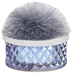 A stunning cut glass candle pot with a rich lustre finish and pom pom lid.