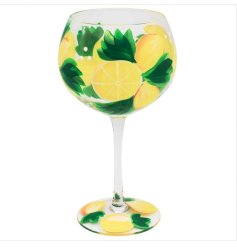 Enjoy your favourite drink at home with this colourful hand painted gin glass with a bold and bright lemons design. 