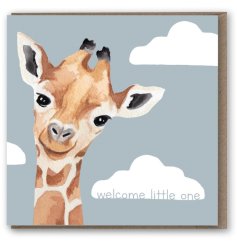 Welcome little one. A beautiful hand painted Giraffe set upon a hazy blue sky with clouds. 