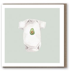 A beautiful, hand drawn greetings card featuring an avocado baby grow. Complete with kraft envelope.