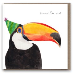 A colourful hand painted toucan wearing a party hat. Complete with 'hooray for you' slogan and kraft envelope.