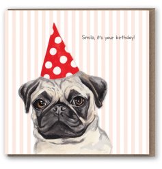 A unique and colourful hand painted greetings card with a witty pug slogan and striped background. 