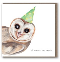A witty and humorous hand painted greetings card featuring an owl with a party hat. 