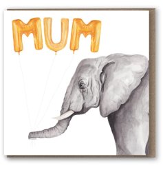 A beautiful and unique hand painted greetings card featuring an elephant carrying MUM helium balloons. 