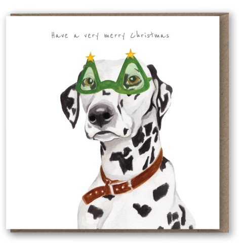 A wonderful water colour painting featuring a Dalmatian dog wearing Christmas tree sunglasses. A fun, novel and stylish 