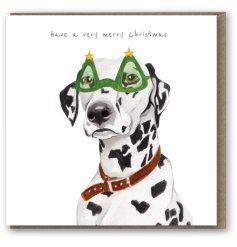 A unique Christmas themed greetings card featuring a hand painted Dalmatian dog wearing Christmas tree sunglasses. 
